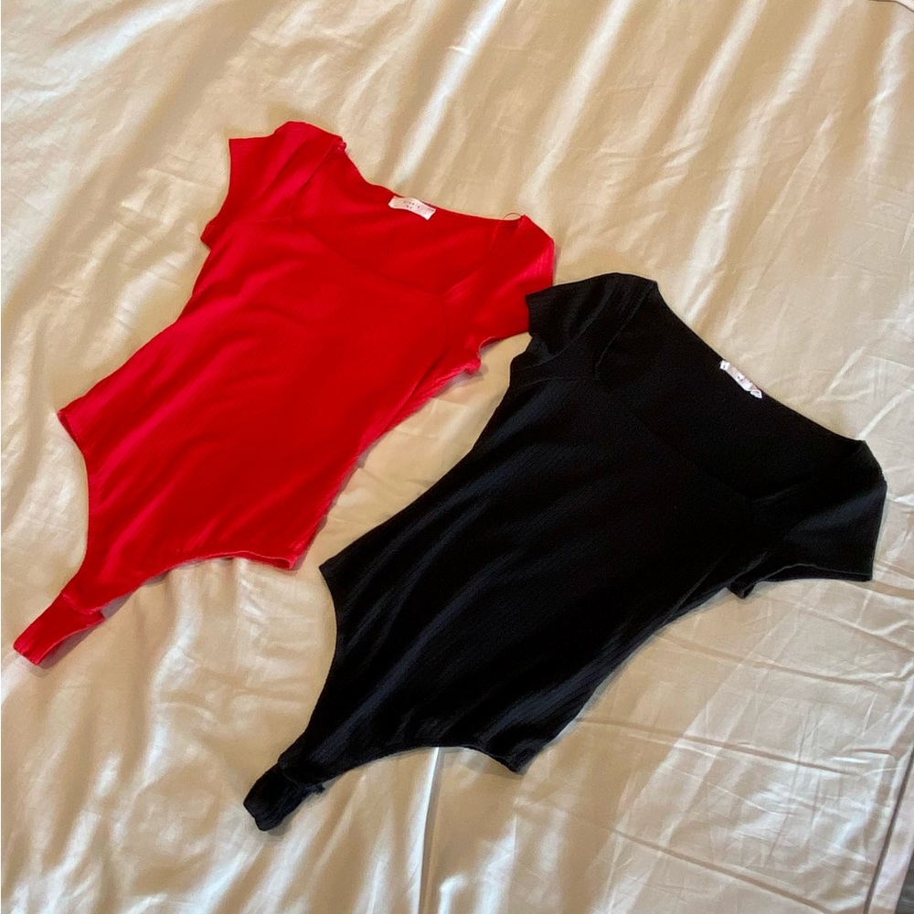 2 Elodie short sleeve bodysuits-red & black, size small, EUC